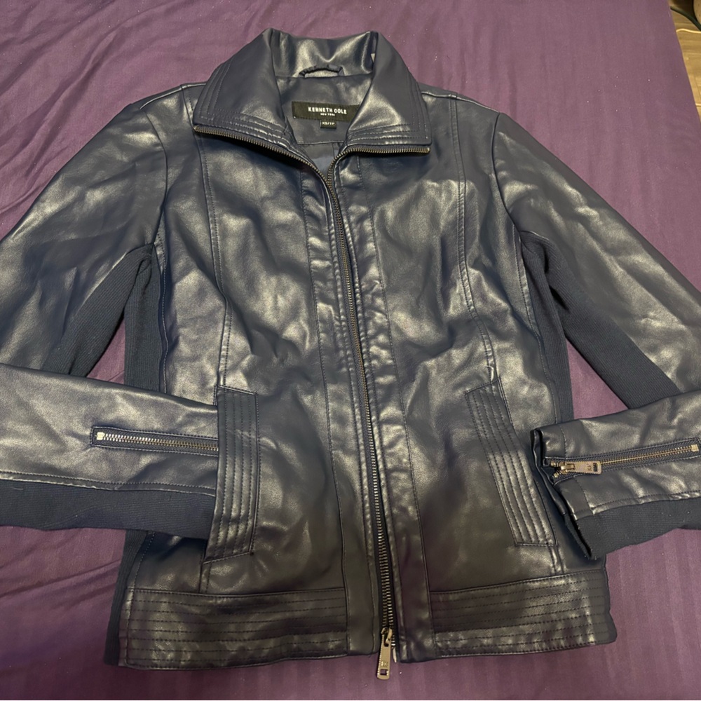 Kenneth Cole Leather Jacket XS never worn Navy blue , brand new